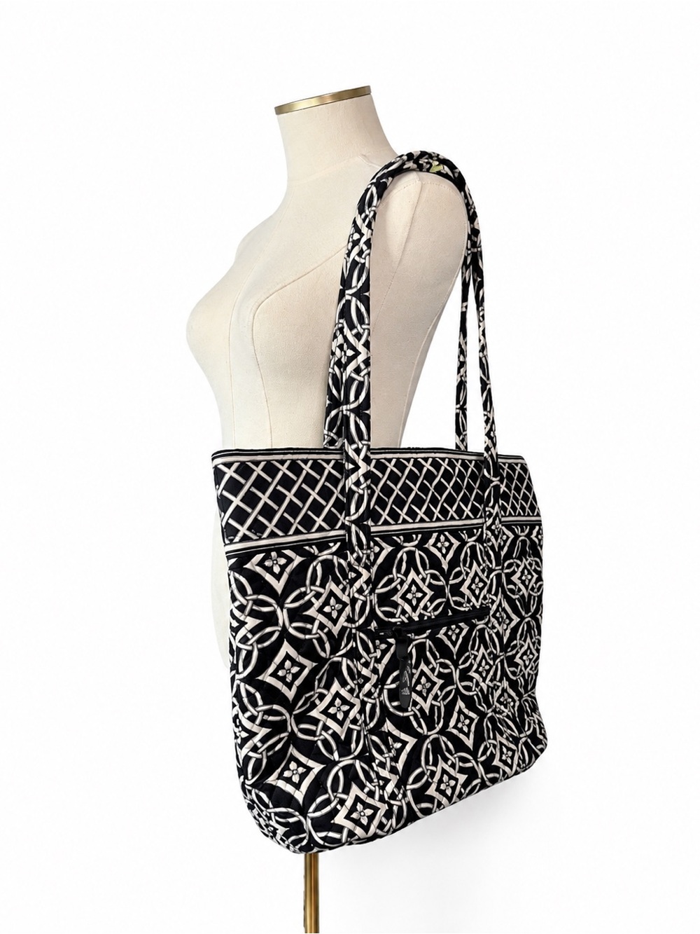 Vera Bradley Black White Tote Bag Quilted Large Carryall Travel Work Purse Chic